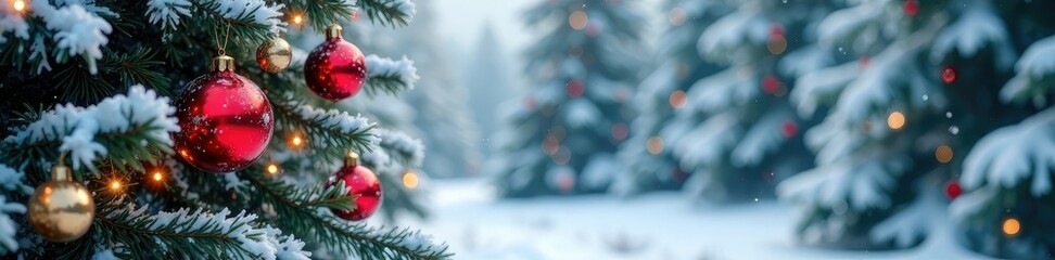 A winter wonderland scene featuring colorful Christmas balls and garlands draped across snow-covered trees, winter, christmas, evergreen