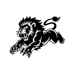 A bold black and white vector illustration of a roaring lion in mid-leap, showcasing its fierce expression, muscular body, and sharp claws.