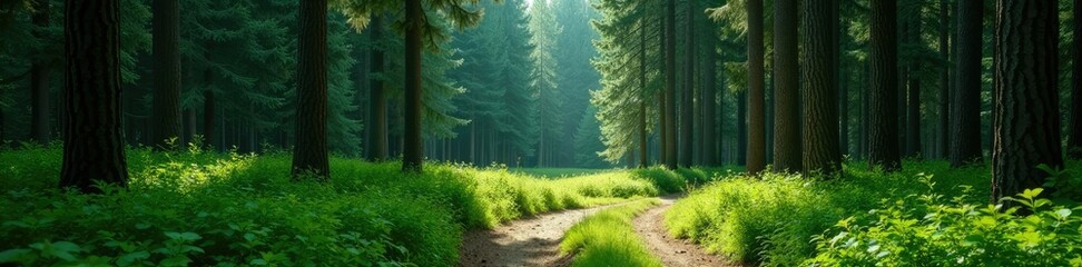 A winding path disappears into the depths of a vast and unbroken expanse of greenery in front of a towering pine wall, pines, forest trail