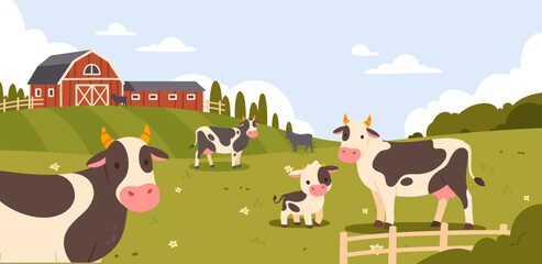 Cow milk farm. Rural landscape with cows. Cartoon country scene domestic with animals on meadow. Dairy farm. Farmed background with ranch barn and field. Vector concept © Foxy Fox