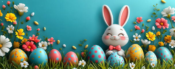 Easter bunny with eggs. A cheerful bunny holds decorative eggs surrounded by vibrant flowers and bright grass on a festive background.