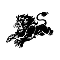 A bold black and white vector illustration of a roaring lion in mid-leap, showcasing its fierce expression, muscular body, and sharp claws.