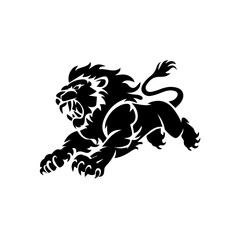 A bold black and white vector illustration of a roaring lion in mid-leap, showcasing its fierce expression, muscular body, and sharp claws.