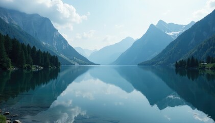 a tranquil lake reflects the majestic grey mountains, serene, landscape, grey