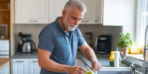 A man in a blue shirt is making a smoothie in the kitchen. He is using a blender and a glass