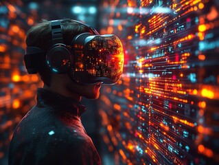 Man Experiencing Immersive Virtual Reality Metaverse.