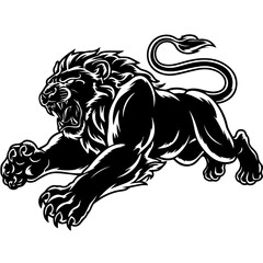 A bold black and white vector illustration of a roaring lion in mid-leap, showcasing its fierce expression, muscular body, and sharp claws.