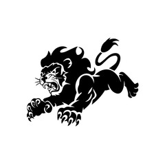 A bold black and white vector illustration of a roaring lion in mid-leap, showcasing its fierce expression, muscular body, and sharp claws.