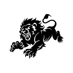A bold black and white vector illustration of a roaring lion in mid-leap, showcasing its fierce expression, muscular body, and sharp claws.