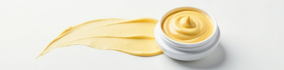 A small container of creamy paste with golden tint placed against the bright white surface, creamy paste, isolated