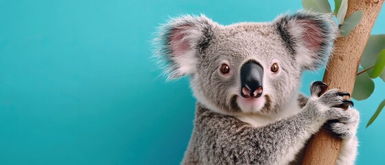 Fototapeta premium A cute koala clings to a tree, showcasing its fluffy fur and endearing face against a bright blue background.