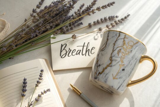 Serene morning: lavender, marble mug, and mindful inspiration with 'breathe' message