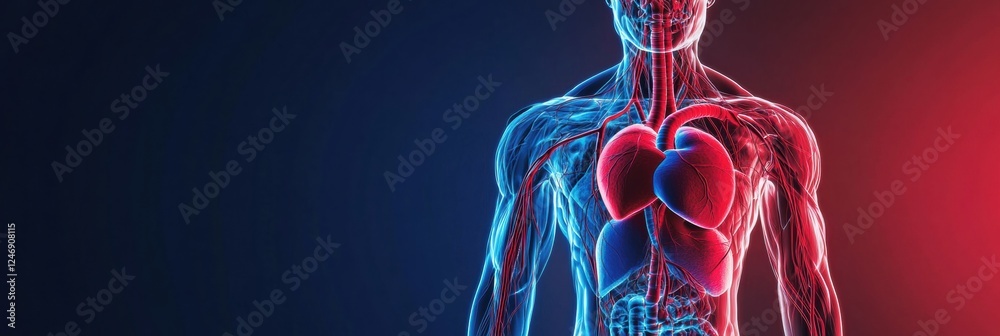 Poster vivid anatomical representation showcasing the circulatory system with veins arteries and the heart 