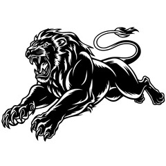 A bold black and white vector illustration of a roaring lion in mid-leap, showcasing its fierce expression, muscular body, and sharp claws.