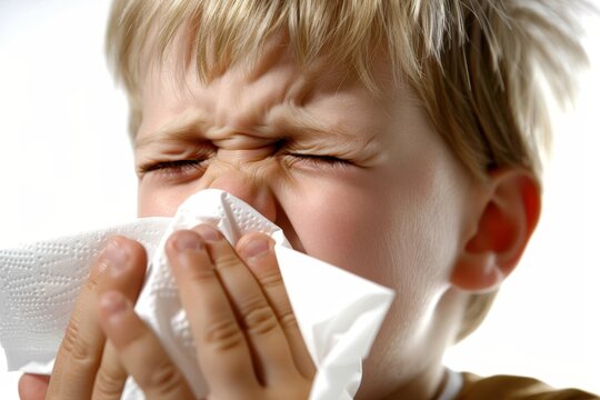 Young child sneezing into tissue against a clean white background for health awareness campaign