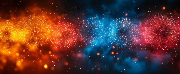 Fototapeta premium Colorful fireworks display in night sky. Fireworks illuminate the night sky with vibrant colors, creating a festive atmosphere during a celebration.
