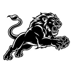 A bold black and white vector illustration of a roaring lion in mid-leap, showcasing its fierce expression, muscular body, and sharp claws.