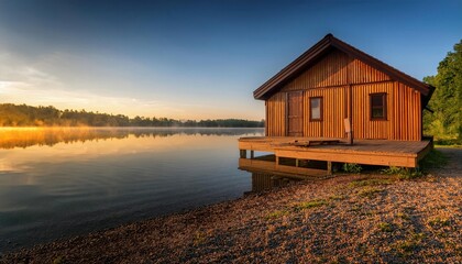 Vibrant summer morning by the lake with a cozy wooden cabin and calm reflections