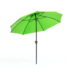 Obraz premium A vibrant green beach umbrella standing tall on a white background, perfect for summer outings, picnics, or beach trips, providing shade and comfort.