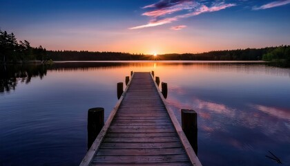 Fototapeta premium Experience the serenity of a vibrant summer sunset over a tranquil lake dock