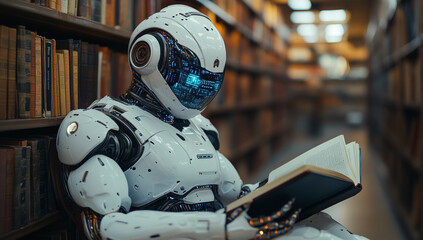 Fototapeta premium Robot absorbed in reading in a library. An advanced robot reads books in a quiet library filled with shelves of literature, focusing intently on its studies.