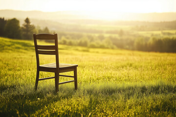 Lonely Wooden Chair in a Golden Field at Sunset with Warm Sunlight and Long Shadows