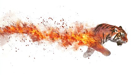Naklejka premium A vibrant illustration of a tiger running with flames trailing behind it, showcasing strength and speed against a white isolated background.