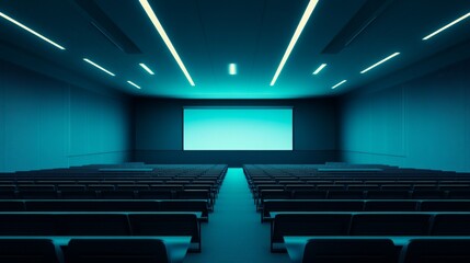 Modern movie theater interior with blue lighting.