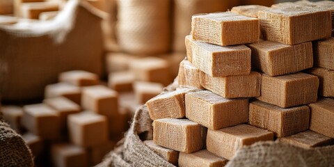 Stacks of Handcrafted Natural Soap Bars on Burlap for Eco-Friendly Skincare : Generative AI