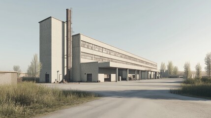 Obraz premium Long factory building, rural setting, sunrise. Industrial architecture, stock photo