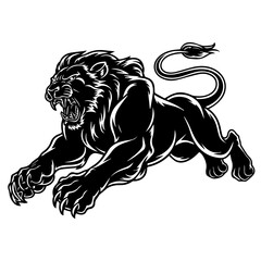 A bold black and white vector illustration of a roaring lion in mid-leap, showcasing its fierce expression, muscular body, and sharp claws.