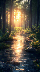 Obraz premium Tranquil Forest Stream: Sunlight Filtering Through Luminous Trees, Scenic Nature Landscape, Reflective Water and Vibrant Foliage in an Idyllic Wilderness, A Peaceful Morning Adventure in the Woods
