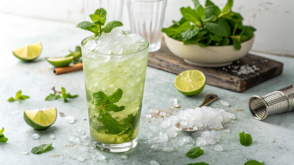 Fototapeta premium Refreshing Mojito Cocktail with Mint and Lime on a Rustic Table