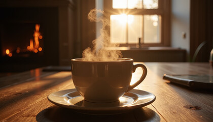 Cozy morning vibes with a steaming cup of tea by the window as sunlight illuminates the room