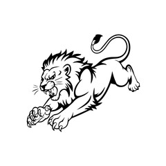 A bold black and white vector illustration of a roaring lion in mid-leap, showcasing its fierce expression, muscular body, and sharp claws.