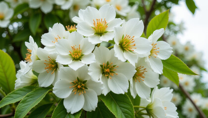 Obraz premium Blooming white flowers surrounded by lush green leaves under a soft, cloudy sky in springtime splendor