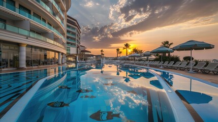 Cozy hotel room with comfortable furniture and soft lighting.