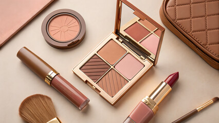 Elegant Makeup Arrangement with Cosmetics and Accessories on Beige Surface