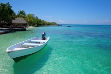 Naklejka premium A small white boat is floating in the ocean near a beach. The water is calm and clear, and the sky is blue. The scene is peaceful and relaxing, perfect for a day of leisurely boating or swimming