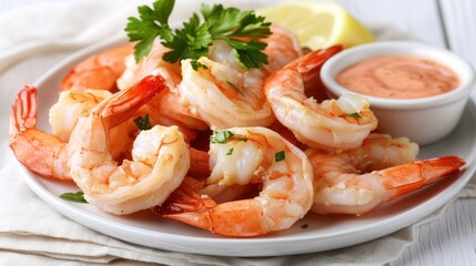 Delicious Cooked Shrimp with Cocktail Sauce