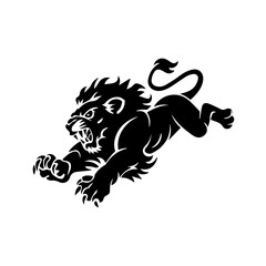 A bold black and white vector illustration of a roaring lion in mid-leap, showcasing its fierce expression, muscular body, and sharp claws.
