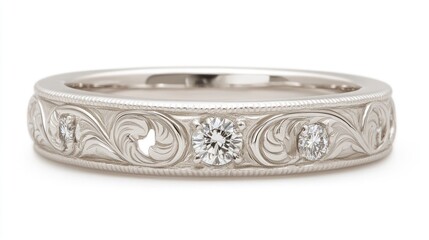 Intricately engraved silver ring, beautifully displayed on a white background to highlight fine detailing