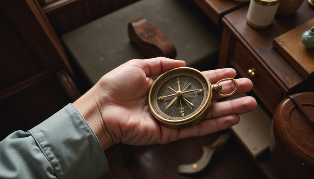Mastering direction with a vintage compass held in a cozy workshop filled with curious artifacts