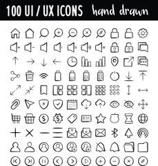 User Interface Icons hand drawn, 100 UX design UI icons, Website icons hand drawn, minimalist hand drawn icons, Vector Eps 10.  Vector UI  UX symbols. Part 2