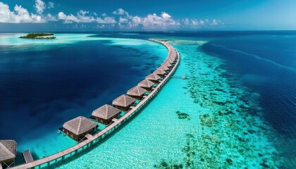 Serene summer getaway over turquoise waters with luxurious huts and endless horizons