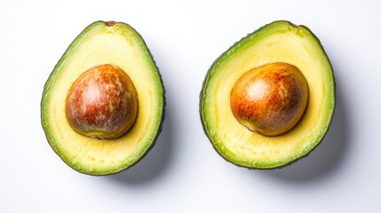 Minimalist shot of an avocado, halved to reveal the creamy flesh and seed, isolated on a plain white background 