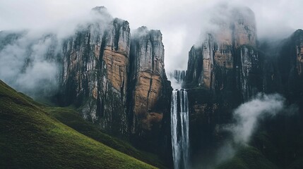 Mountain waterfall mist landscape travel poster