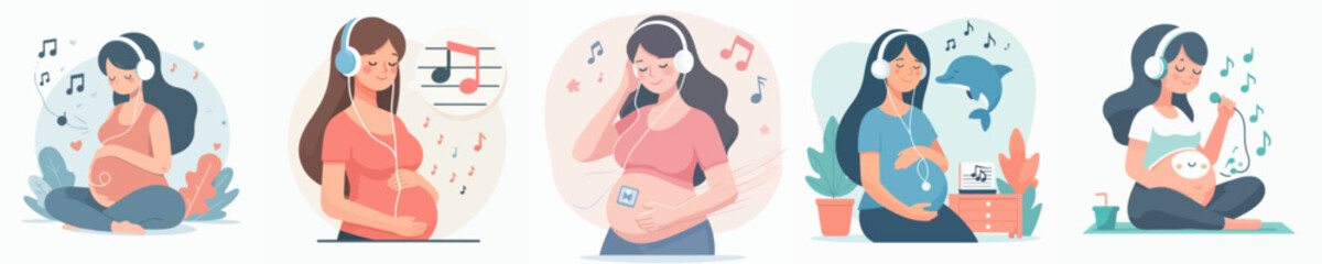 set vector pregnant woman listening to music
