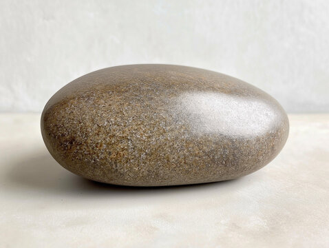 A smooth, gray-brown river stone rests on a light surface.  Its texture is subtly speckled. - Powered by Adobe