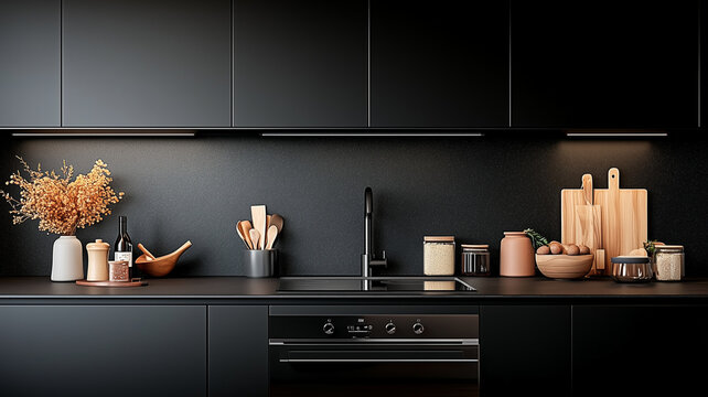 Modern black kitchen with stylish decor, featuring wooden utensils, jars, and sleek sink. warm tones of decor contrast beautifully with dark cabinetry, creating cozy atmosphere